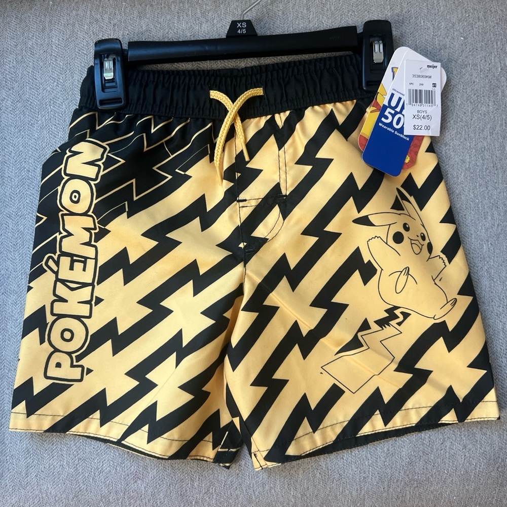 NWT size 4/5 boys Pokemon Pikachu yellow/black Swim TrunksUPF 50+
